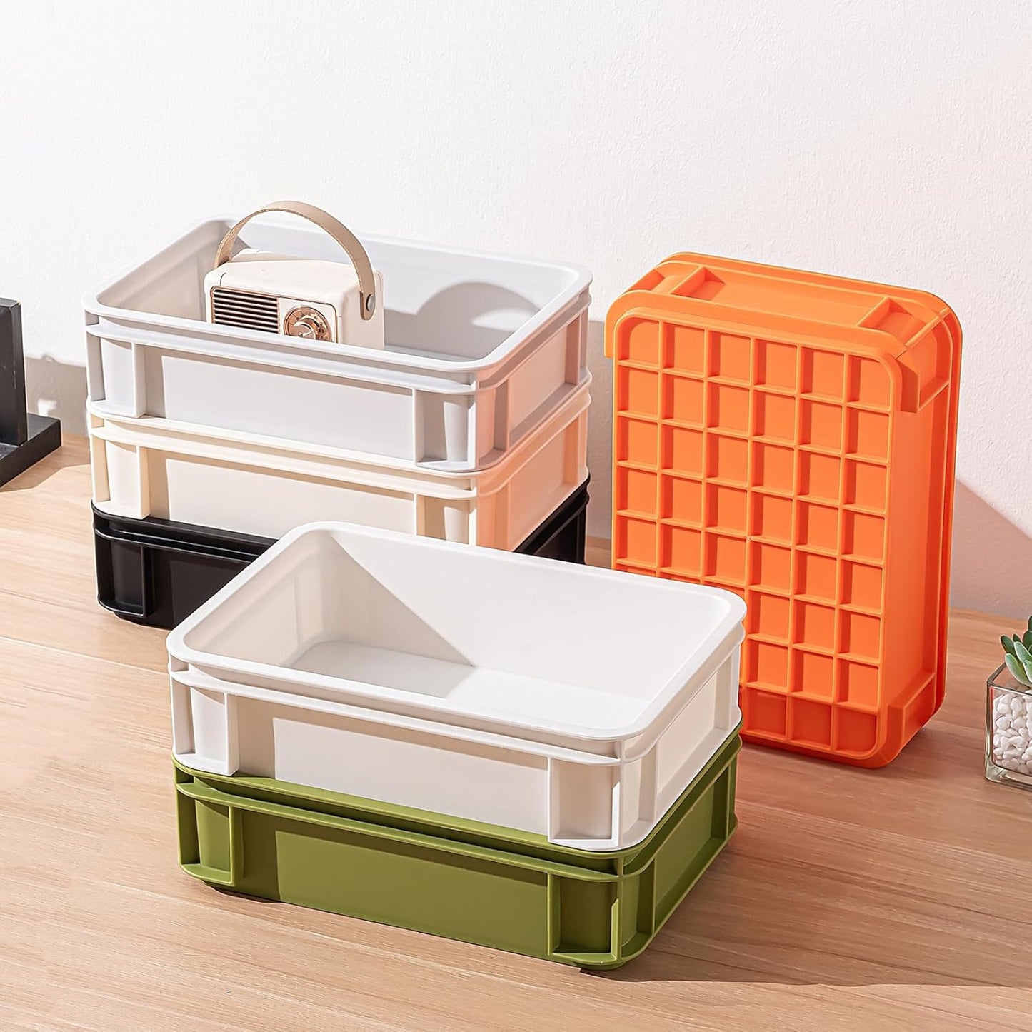 Stackable Organizer Boxes - Create Your Perfect Modular Desktop Storage System Office Desk Organizer Set15.8''*11''*3.26'' (Beige, 6Large)