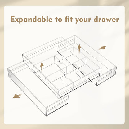 Briwooody 2 Pcs Acrylic Desk Drawer Organizer Maximum 12 x 18 x 2.1 Inch Expandable Drawer Organizer Trays with 8 Adjustable Compartments Desk Accessories for Makeup Silverware Office Bathroom