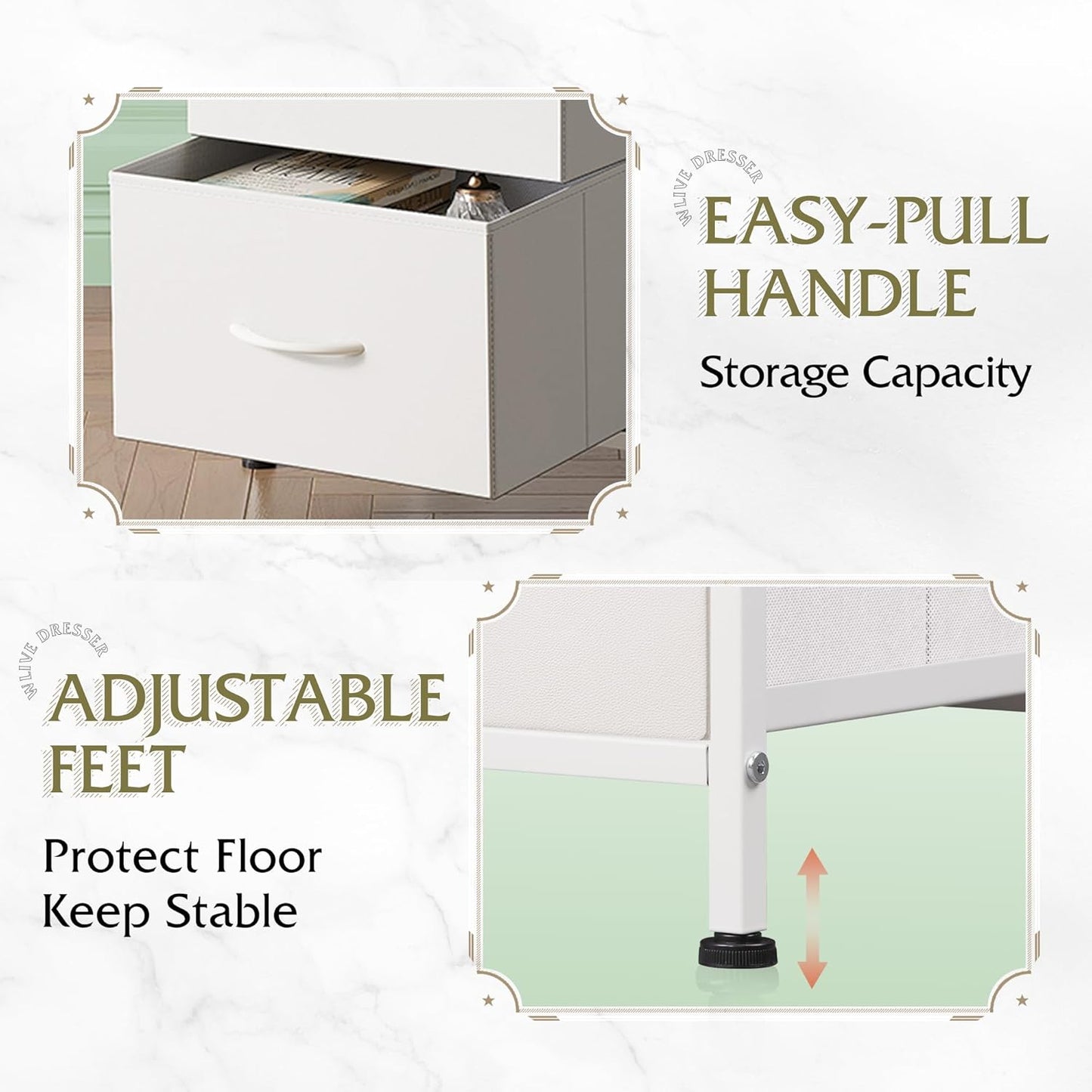 WLIVE Dresser with 3 Drawers, Fabric Nightstand, Cabinet with Wheels, Organizer Storage Dresser for Bedroom, Office, Entryway, Closets, Sturdy Steel Frame, Wood Top, Easy Pull Handle, White