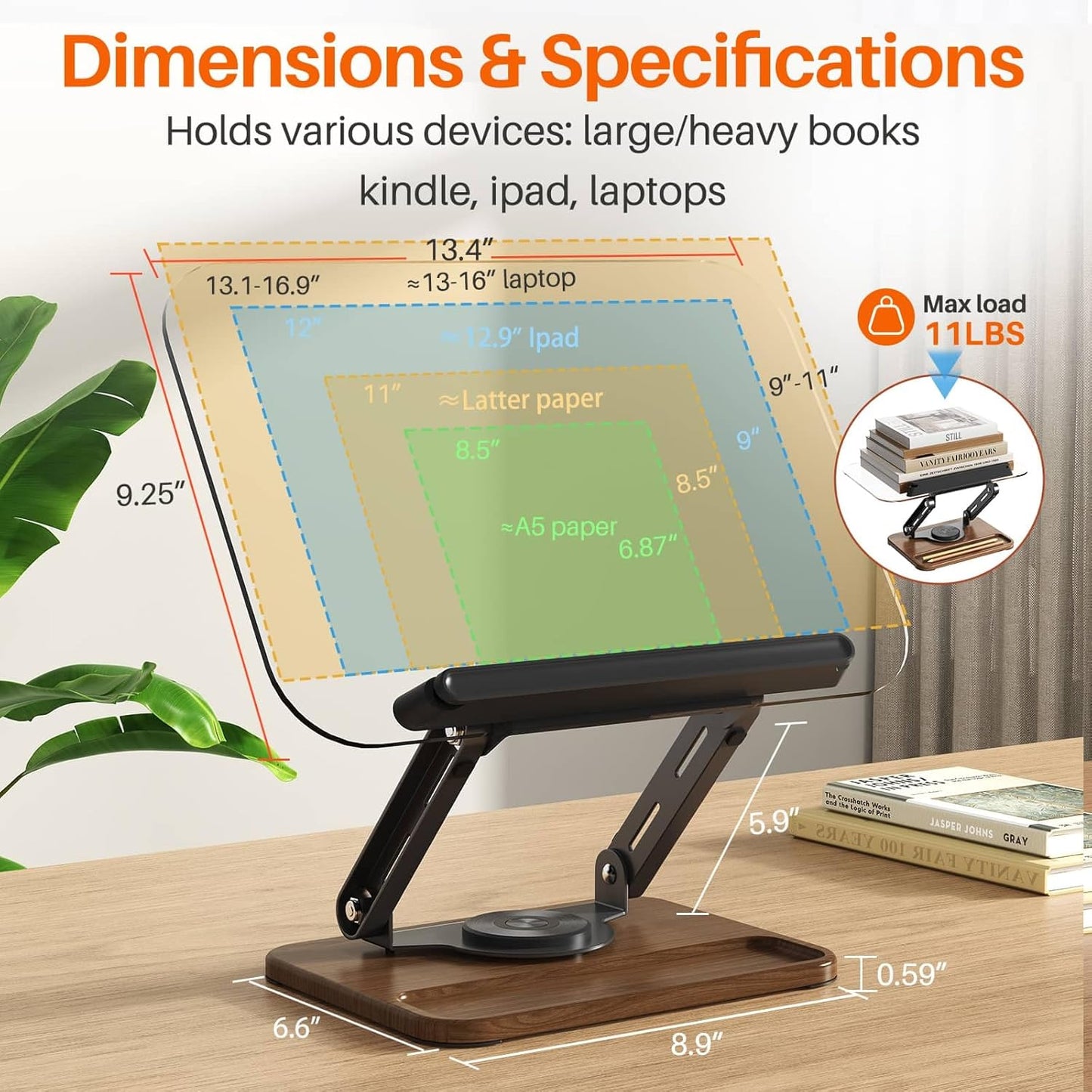 BYMECOST Acrylic Book Stand for Reading, Adjustable Book Holder with 360° Rotating Base & Elastic Page Clips, Foldable Desktop Riser Stand for Cookbook,Laptop,Tablet,Music Scores,Recipe,Textbook