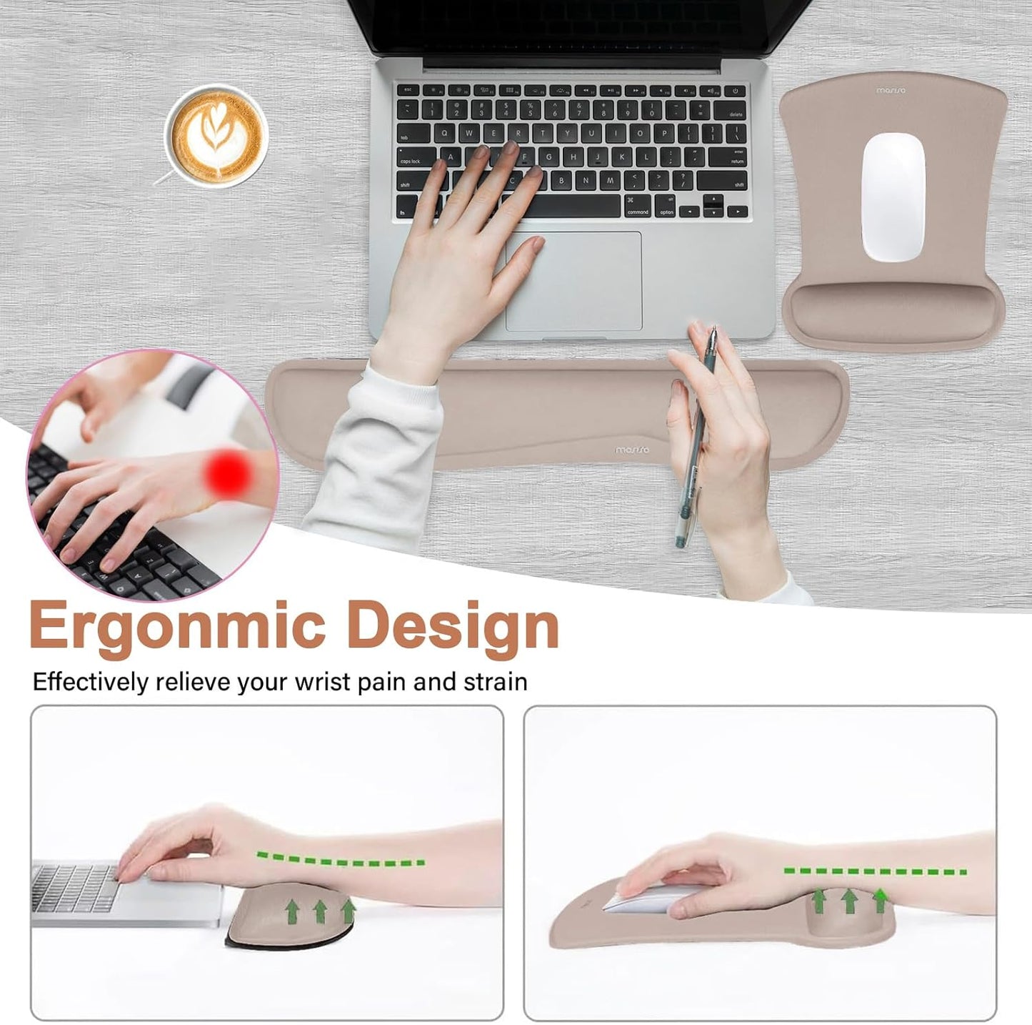 MOSISO Wrist Rest Support for Mouse Pad & Keyboard Set, Ergonomic Mousepad Non-Slip Base Home/Office Pain Relief & Easy Typing Cushion with Neoprene Cloth & Raised Memory Foam, Apricot