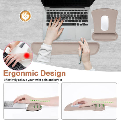 MOSISO Wrist Rest Support for Mouse Pad & Keyboard Set, Ergonomic Mousepad Non-Slip Base Home/Office Pain Relief & Easy Typing Cushion with Neoprene Cloth & Raised Memory Foam, Apricot