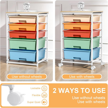 SYKIARIOL Utility Cart with 5 Drawers,Storage Cart with Wooden Tabletop and Lockable Wheels,Craft Storage Trolley Organizer,5-Tier Rolling Utility on Wheels,Light Green