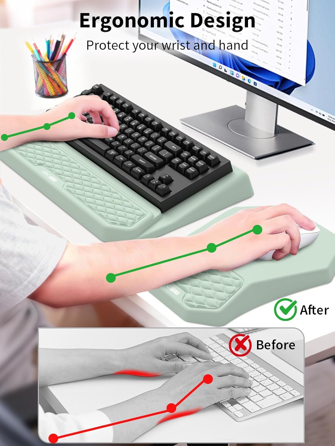 3-in-1 Ergonomic Keyboard Stand with Wrist Rest & Mouse Pad Set, Comfy Keyboard Riser Holder Soft Mousepad with Massage Design, Memory Foam and Non-Slip PU Base for Pain Relief, Black