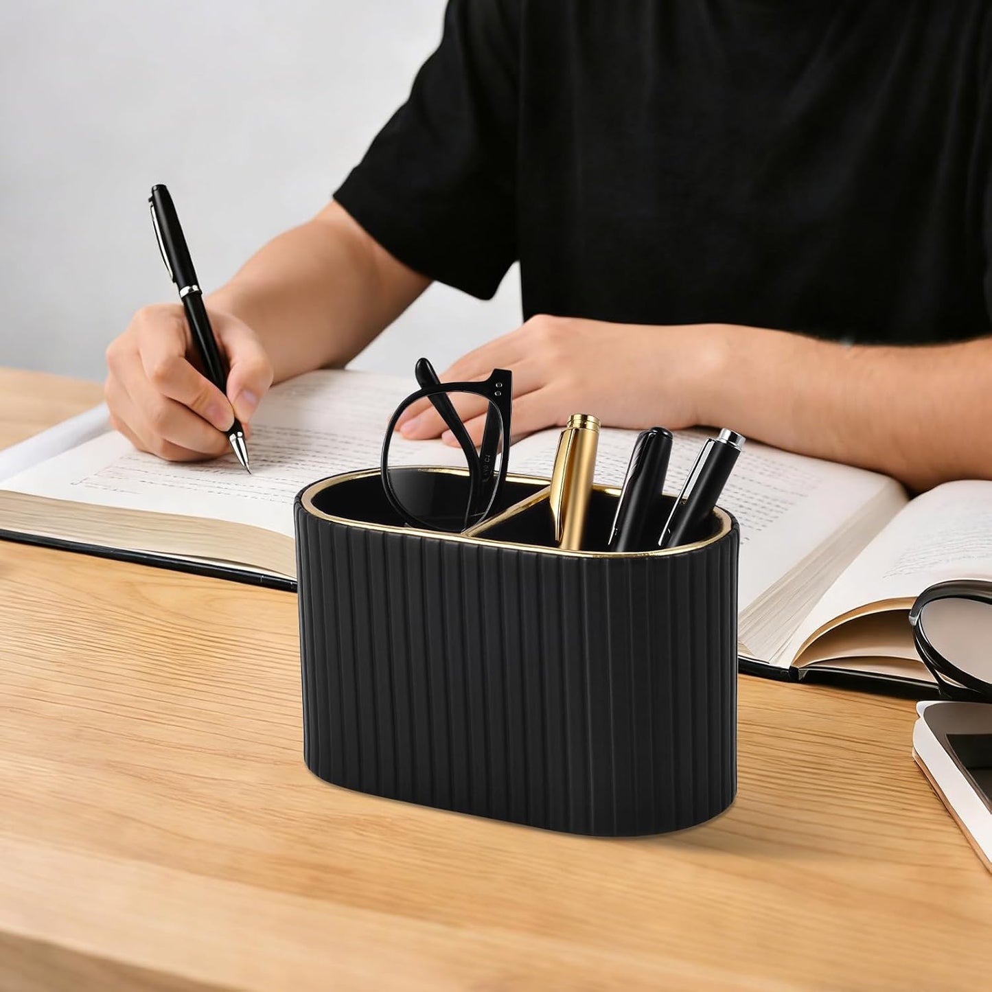 PU Leather Desk Organizer,Pen Holder,Small Remote Control Holder Pencil Cup Multifunctional Nightstand Organizer Caddy for Home School Office Desk Accessories,2 Compartments (Cream White)