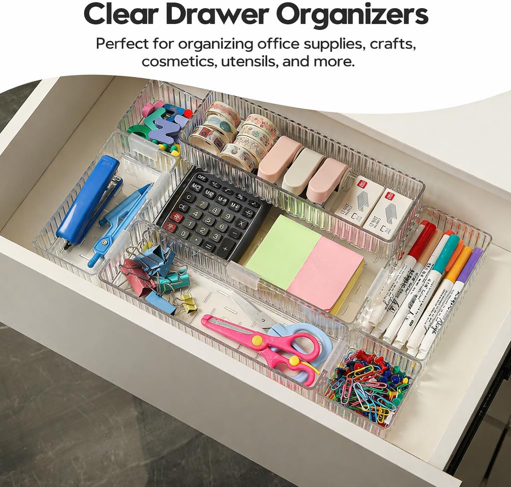 7 PCS Clear Drawer Organizer Bins, 4 Sizes with 7 Connector Clips, Stackable Makeup Vanity Organizer Trays for Bathroom Drawers, Cosmetics, Office Supplies, Kitchen Utensils & Gadgets