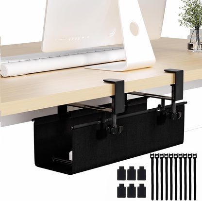 Under Desk Cable Management Tray 27.2" - No Drill Computer Wire Organizer Cable Tray, Cord Hider Clamp Mount with 16X Cable Ties PC Cables Management Cord Holder for Office/Home (Upgrade Fabric,White)