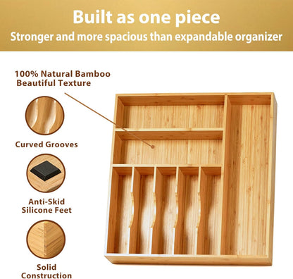 Umilife Bamboo Kitchen Drawer Organizer, 13 Inch Silverware Utensil Tray Holder, Extra Deep Grooved Drawer Divider, 7 Slots Total Bamboo Wood Caddy for Flatware Cutlery Knives, Forks, Spoons