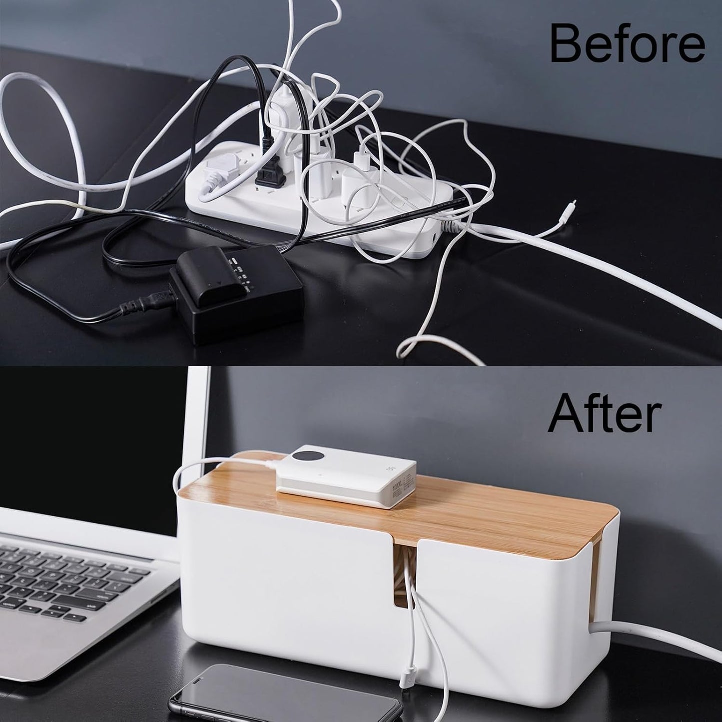 Changsuo Cable Management Box with Bamboo Lid Small Cable Organizer Box for Extension Cord Power Stripe Surge Protector Wire Management Concealer Organizer Cover Hider (Black)