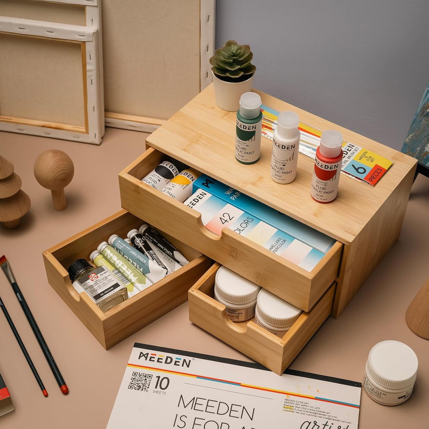 MEEDEN Bamboo Desk Organizer with Drawers: Desktop Storage Container with Shelf - Tabletop Storage Organization Box for Office Home Toiletries Supplies