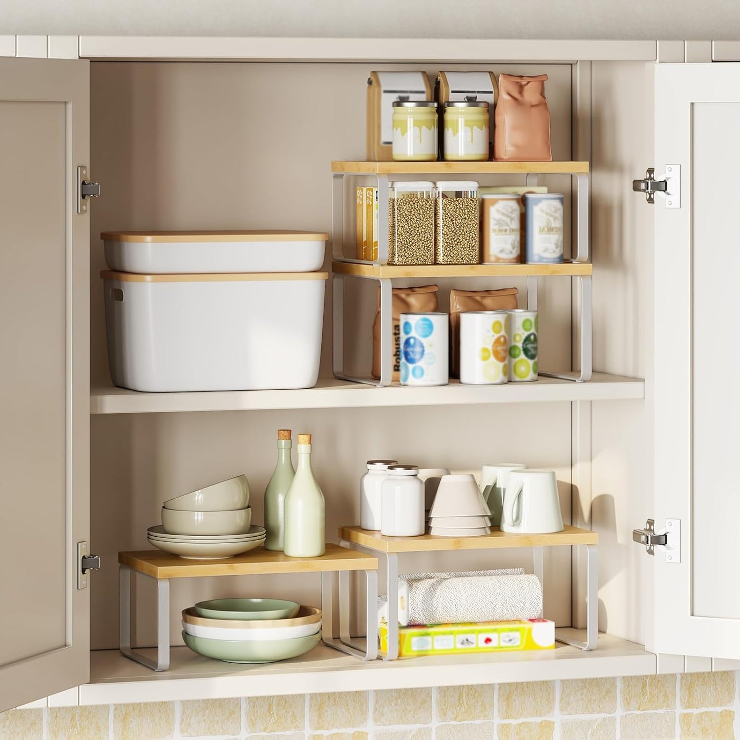 HOOBRO Cabinet Organizer Shelf, Set of 2 Kitchen Counter Shelves, Expandable Kitchen Storage, Stackable Bamboo Spice Rack, for Kitchen, Countertop, Office Desk, Bathroom, Natural and White YW30TL01