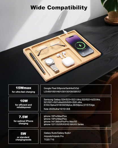 Valet Tray, Built-in Wireless Charger, Nightstand Organizer, Bamboo Desk Bedside Caddy Organizer Tray for Men, EDC Catchall Trays for Keys, Watch, Phone, Jewelry