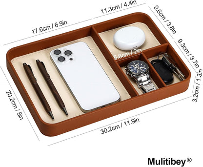 Buqoo PU Valet Tray for Nightstand & Desk – Multipurpose EDC Catchall Organizer for Phones, Watches, Keys & Accessories, Brown
