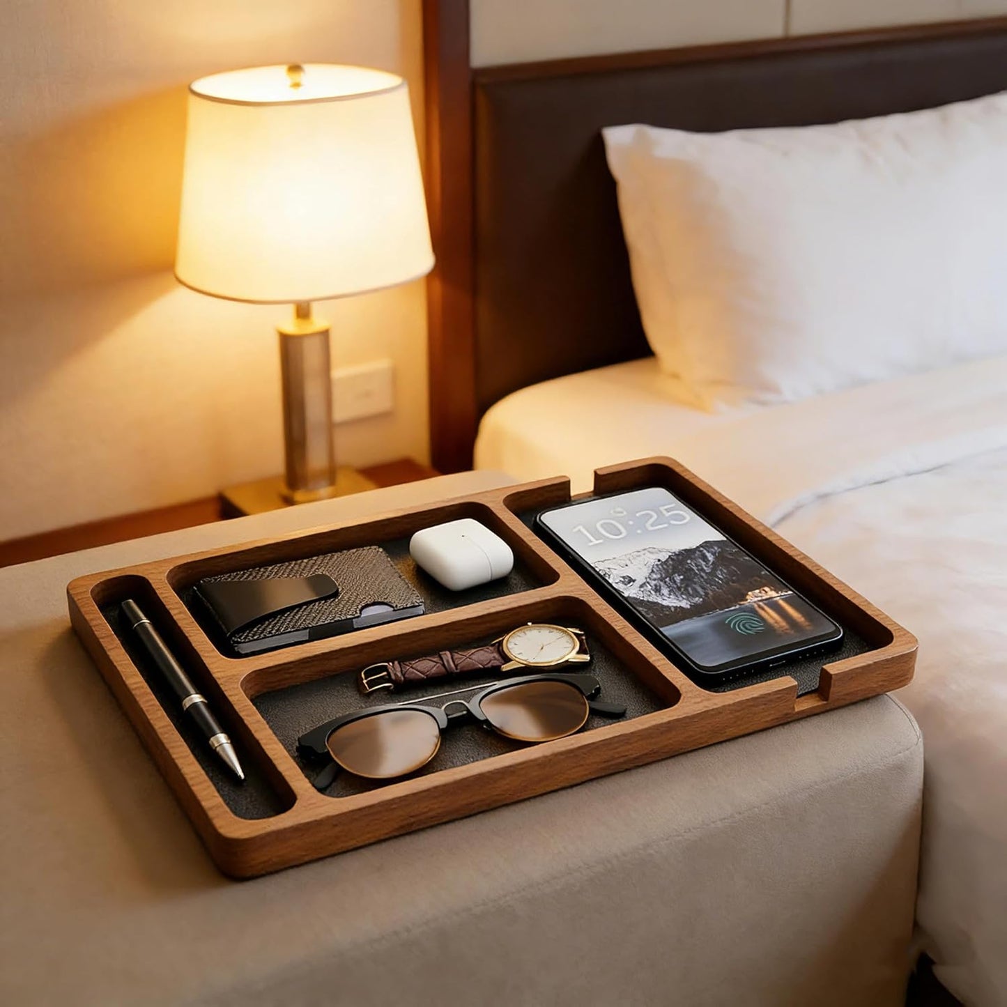 Wooden Valet Tray with Leather Inlay - Key and Wallet Tray, Wooden Jewelry Tray - Nightstand Desk Organizer for EDC Essentials (Keys, Phone, Wallet, Watch, Earbuds) (wood)