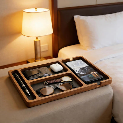 Wooden Valet Tray with Leather Inlay - Key and Wallet Tray, Wooden Jewelry Tray - Nightstand Desk Organizer for EDC Essentials (Keys, Phone, Wallet, Watch, Earbuds) (wood)