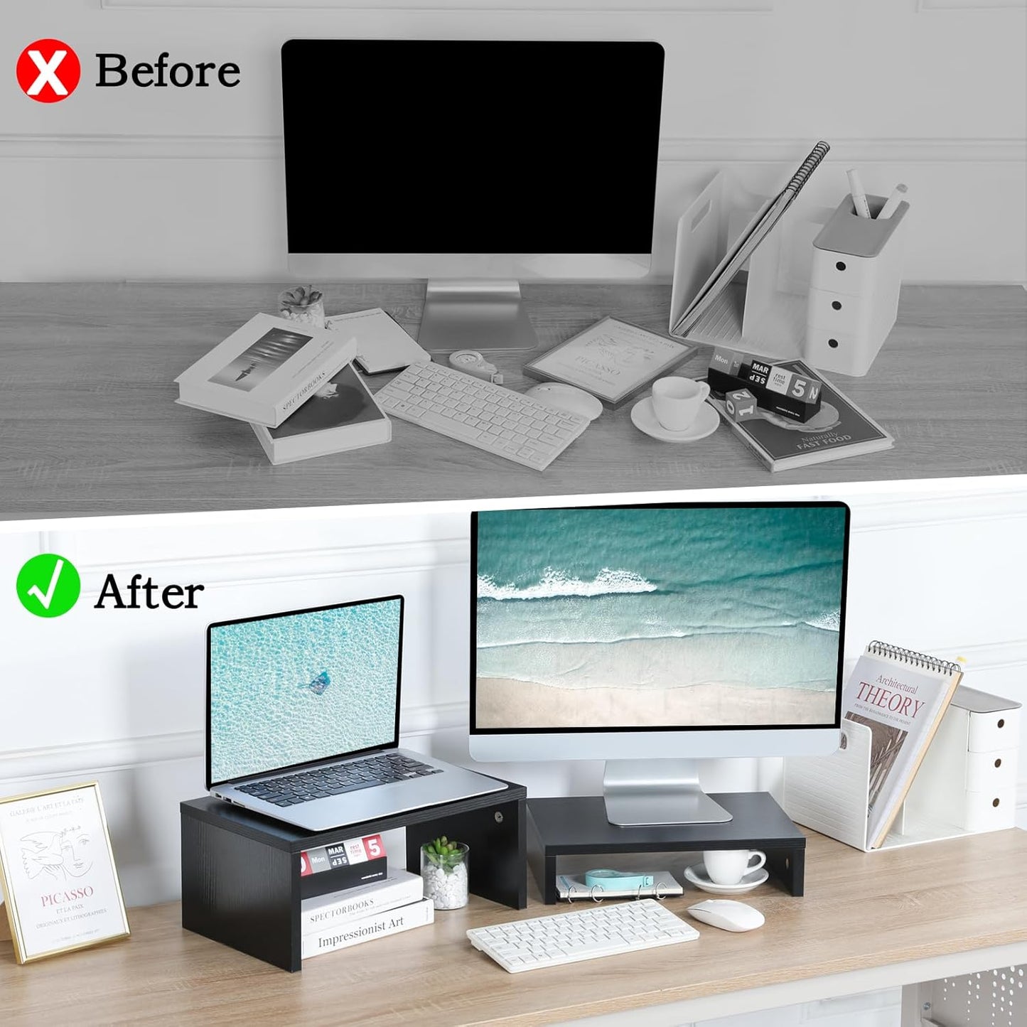 TEAMIX Adjustable White Monitor Stand Riser - 2 Pack, Wood 2 Tier Adjustable Stand for 2 Monitors/Laptop/PC