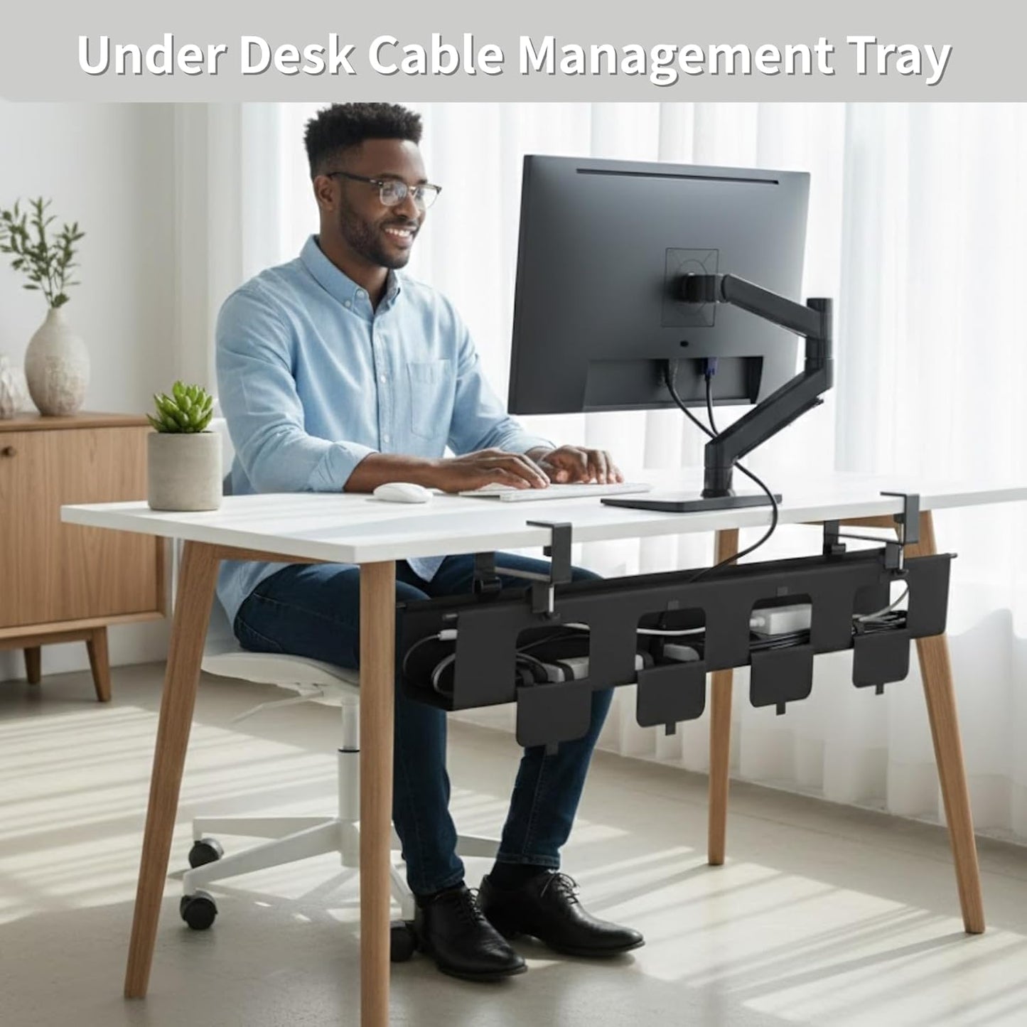 Under Desk Cable Management Tray, 36” Fabric No Drill Clamp Mount Cord Organizer for Desk, Heavy Duty Wire Management for Office Home, Black