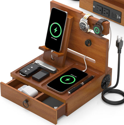 Wood Phone Docking Station with USB Ports and Outlets, Nightstand Organizer with Charging Station, Bedside Organizer with Drawer for Watch & Accessories, Christmas Anniversary Birthday Gifts for Men
