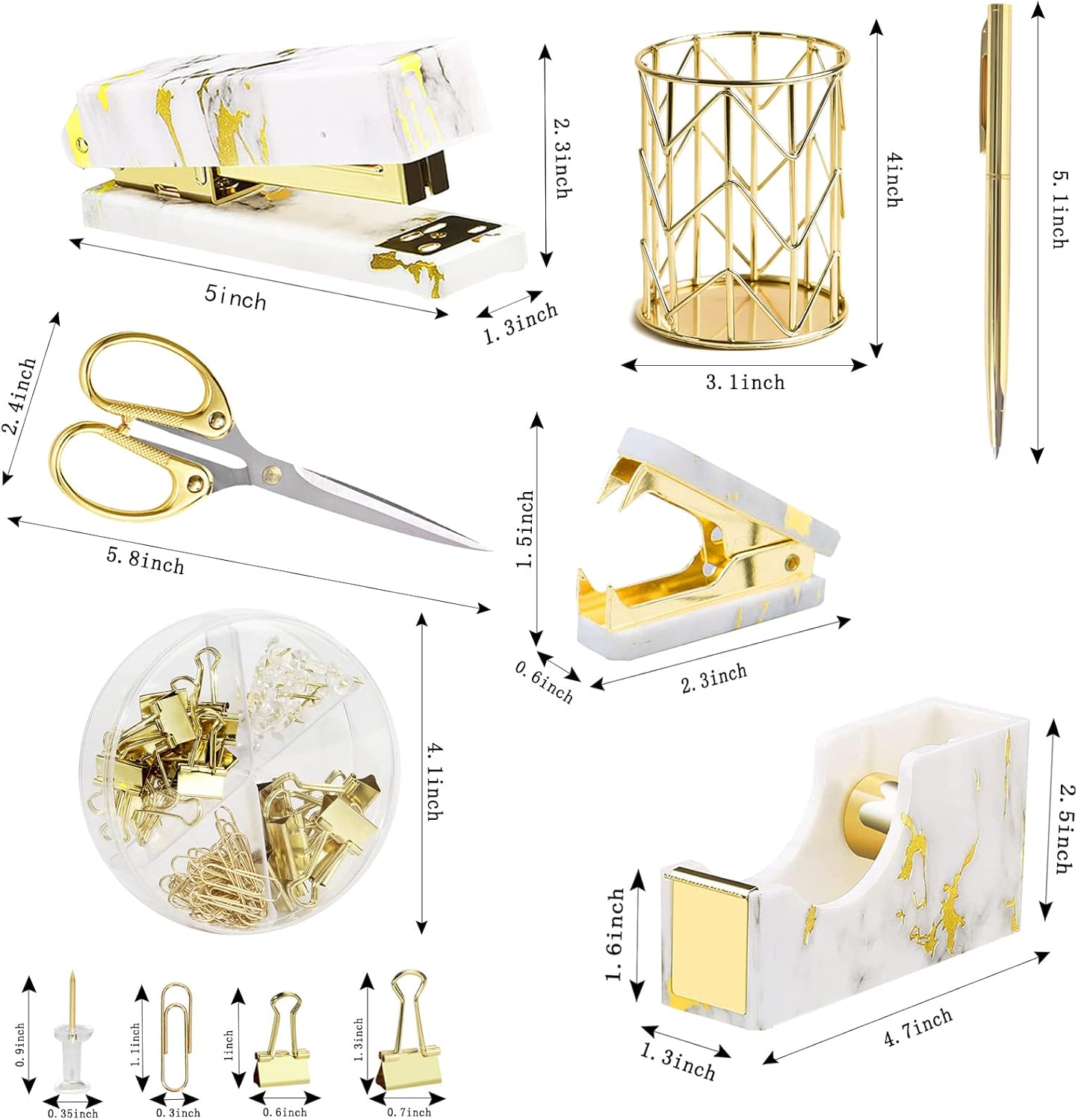 Famassi Rose Gold Desk Accessories，Office Supplies Set Acrylic Stapler Set Staple Remover, Tape Holder, 2 Ballpoint Pen, Scissor, Binder/Paper Clips and 1000pcs Staples.