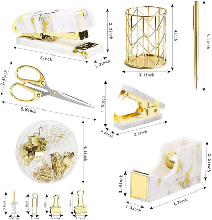 Famassi Rose Gold Desk Accessories，Office Supplies Set Acrylic Stapler Set Staple Remover, Tape Holder, 2 Ballpoint Pen, Scissor, Binder/Paper Clips and 1000pcs Staples.