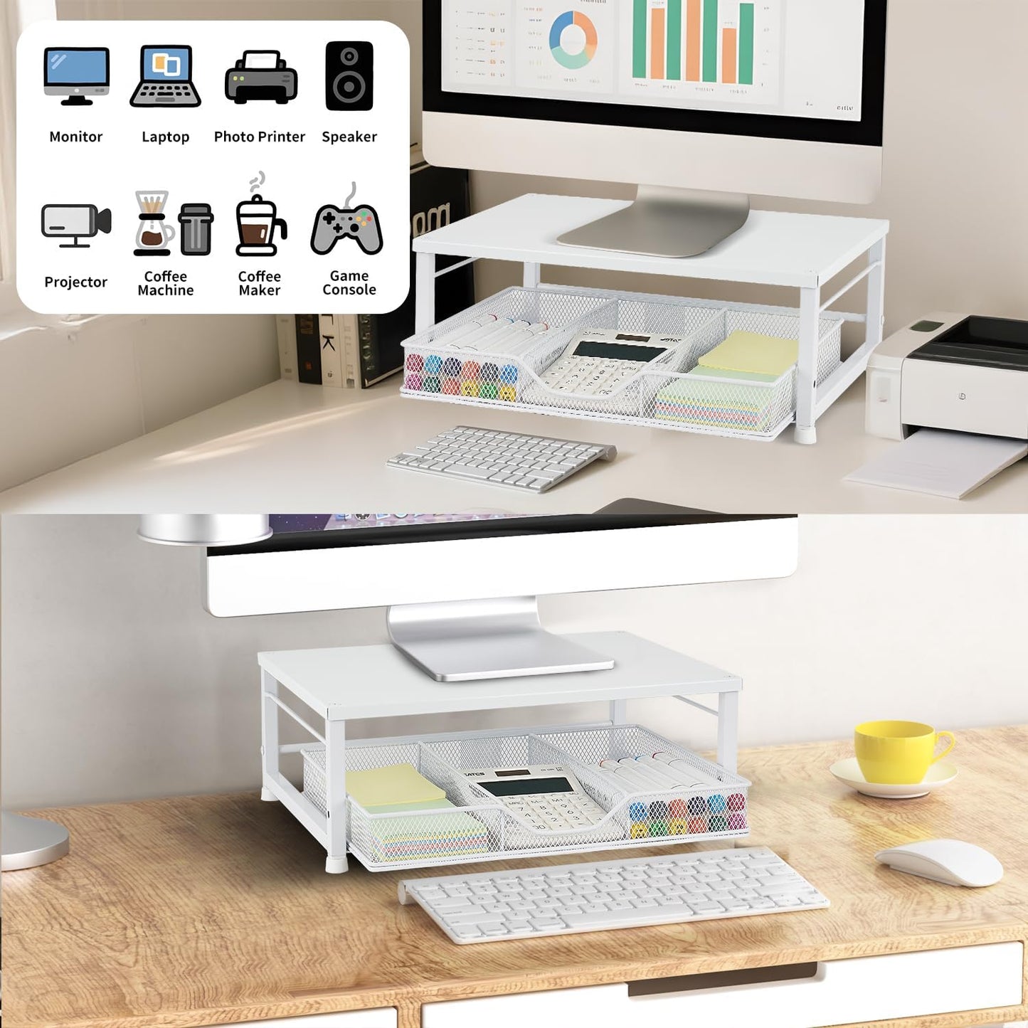Small Laptop Stand for Desk, Monitor Stand Riser, Office Desk Accessories, Computer Desktop Stand with Drawer for Home, Office, School (Mint Green)