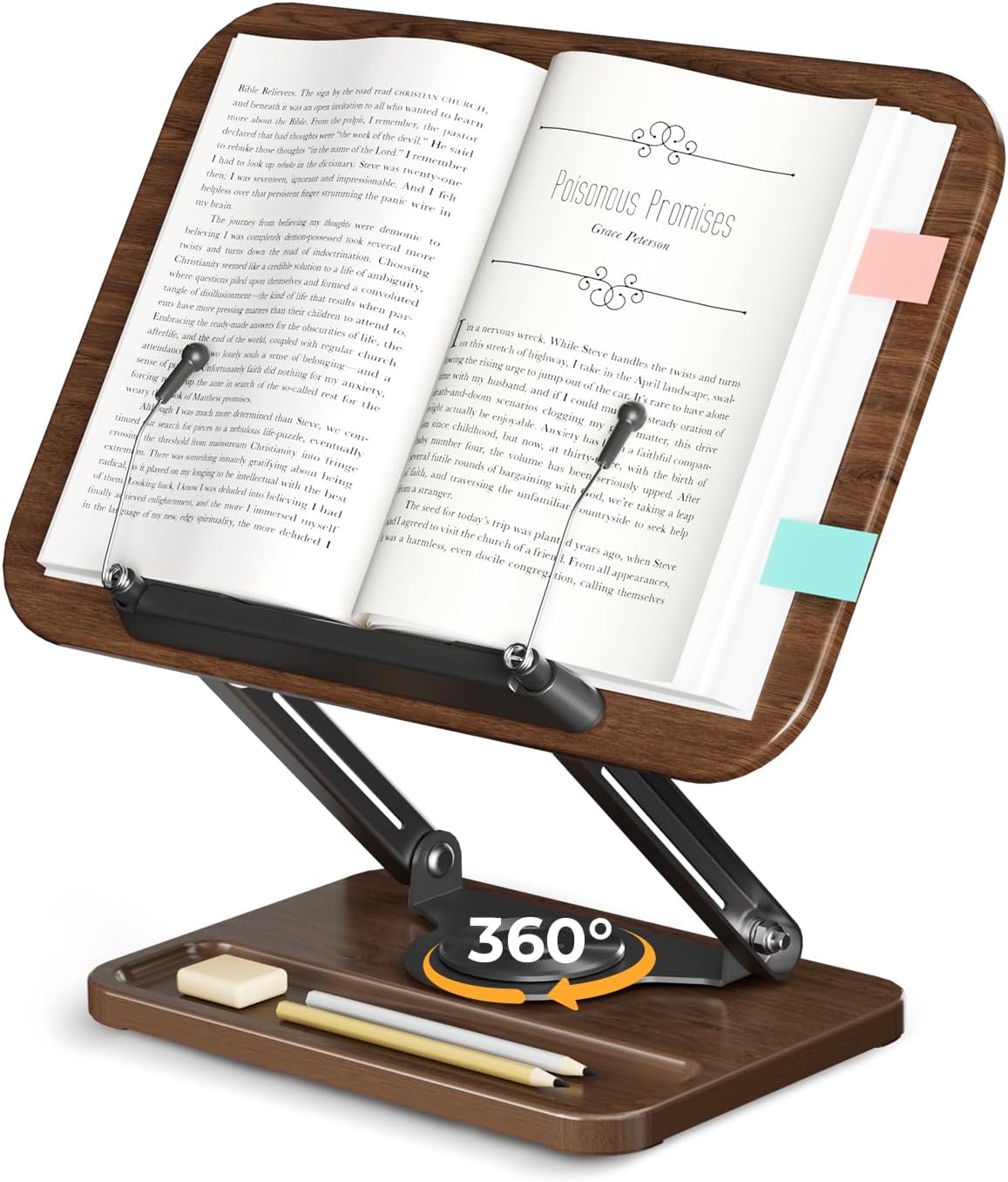 Adjustable Book Stand for Reading, Book Holder with 360° Rotation Base, Height Adjustable Book Reading Stand with Extendable Page Clips — Wooden Stand Holder for Cookbook, Receipe Book, Thick Book