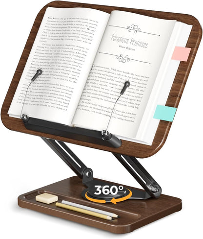 Adjustable Book Stand for Reading, Book Holder with 360° Rotation Base, Height Adjustable Book Reading Stand with Extendable Page Clips — Wooden Stand Holder for Cookbook, Receipe Book, Thick Book