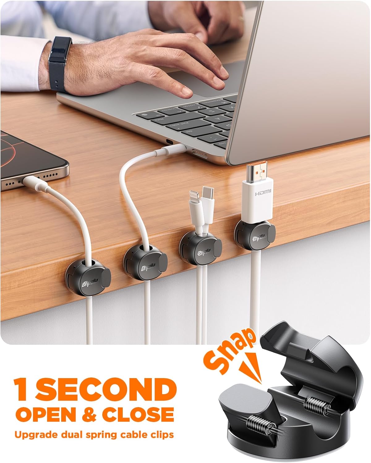 8Pack Cord Organizer [Dual Spring & Clasp, Max Secure] Cable Clips - Chfeila Cable Management, Adhesive Phone Charging Wire Holder for Nightstand/Wall, Home Office Desk Accessories Decor Essentials