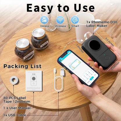 Phomemo Label Maker, D30 Portable Bluetooth Label Maker Machine with Tape, Small Mini Label Printer, Multiple Templates Fonts Icon Labeler for Home, School, Office
