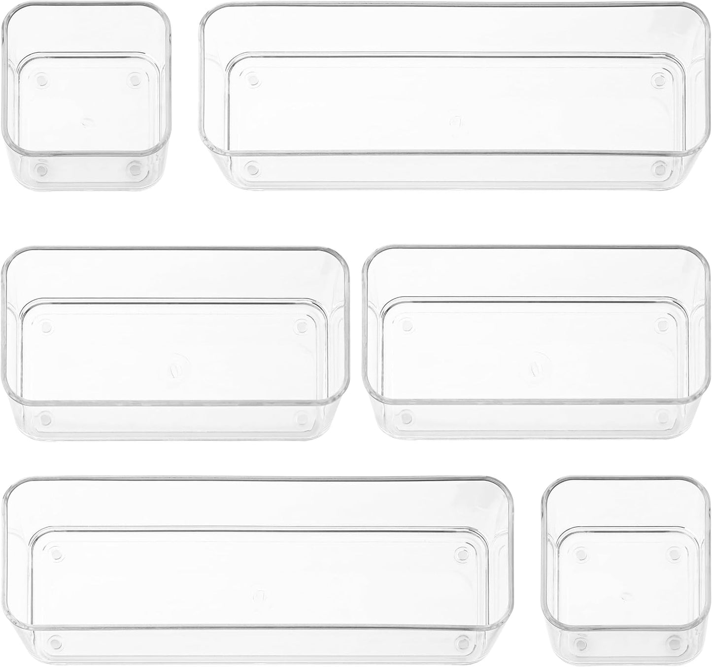 primebox Six Pieces - Clear Plastic Drawer Organizer Bins - Stackable, Non-Slip, 3 Sizes