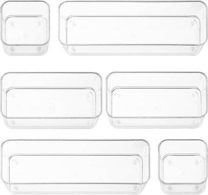 primebox Six Pieces - Clear Plastic Drawer Organizer Bins - Stackable, Non-Slip, 3 Sizes