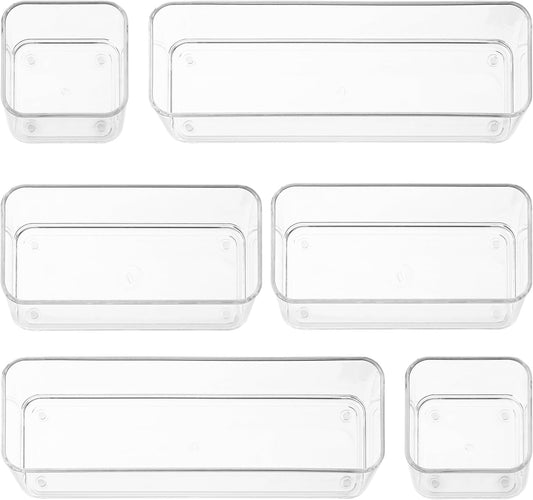 primebox Six Pieces - Clear Plastic Drawer Organizer Bins - Stackable, Non-Slip, 3 Sizes