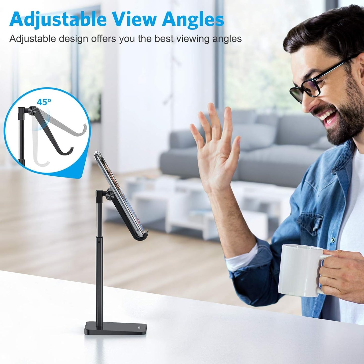 OMOTON Cell Phone Stand, Adjustable Angle Height Desk Phone Dock Holder for iPhone Air 17 Pro Max/Plus/XS/XR, Samsung Galaxy S20 / S10 / S9 / S8 and Other Phones (3.5-7.0-Inch)