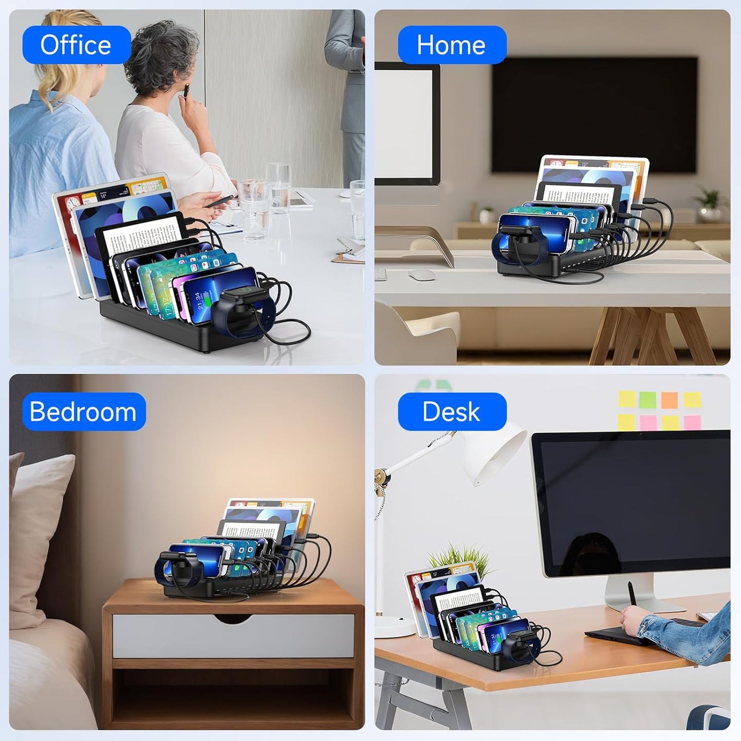 320W Charging Station for Multiple Devices, 10 Ports Fast Multi-Device Charger Organizer Compatible with MacBook Pro Laptop, iPhone, Android, Ipad, Tablet, Kindle, Family Multi-Device Charging Dock