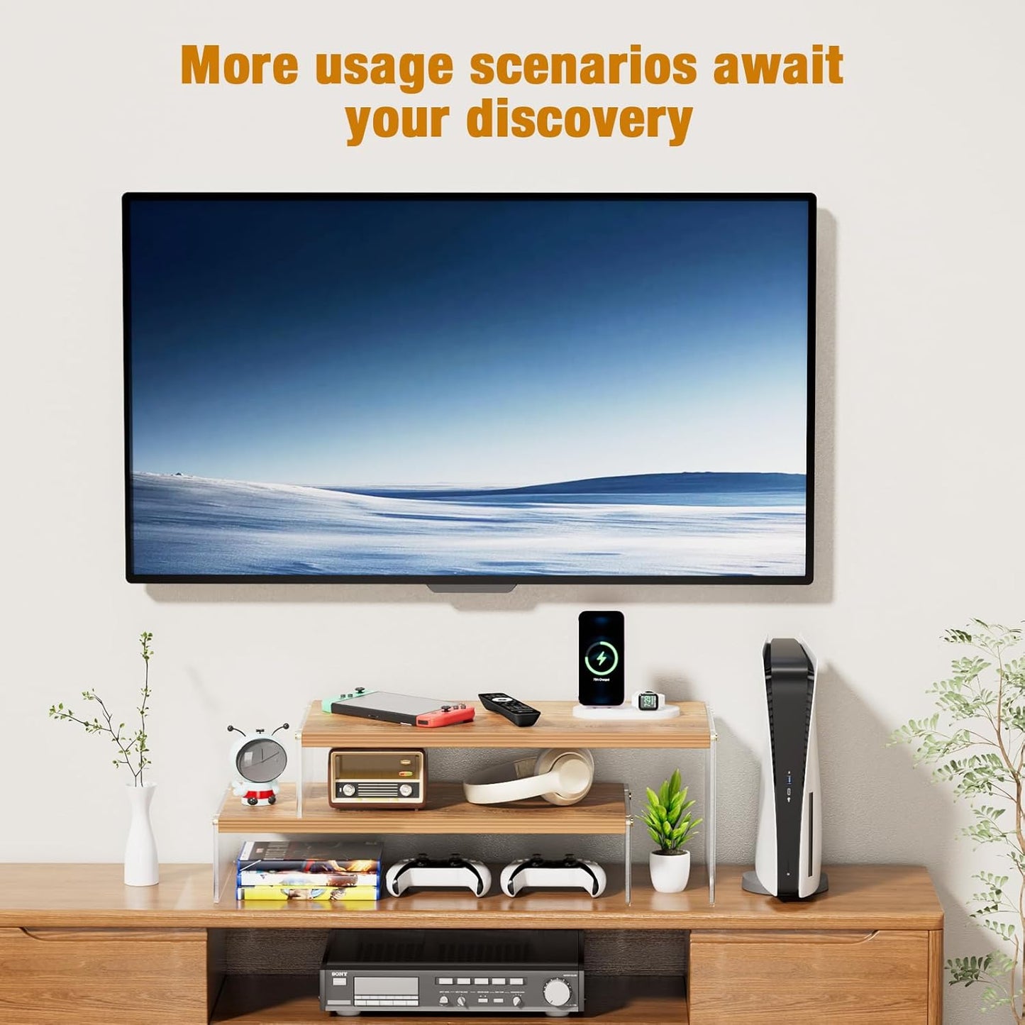 YGYQZ Adjustable Monitor Stand Riser with Acrylic Legs丨7.67" Wide Dual Monitor Stand for Desk丨2-Tier Wood Desktop Organizer for Computer, Laptop, Printer & PC丨Modern Aesthetic Desk Shelf(wood-flat)