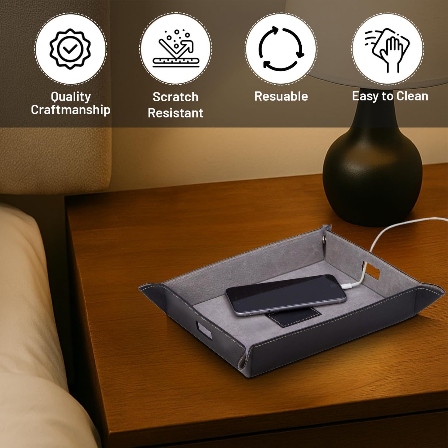 Bey-Berk Alex Leather Valet Tray (Navy), 10" x 7.75" Nightstand and Desk Catchall, Genuine Leather Snap-Corner EDC Organizer and Phone Charging Tray