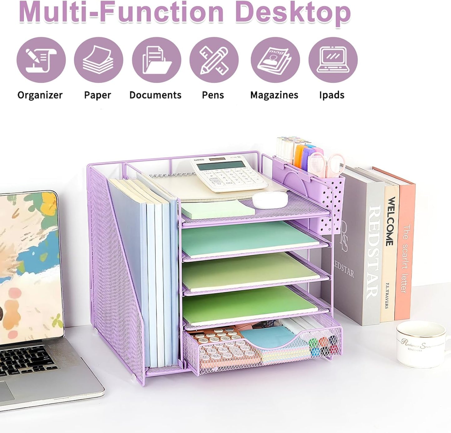 Desk Organizer with Drawer and Pen Holder, 5-Tier Paper Letter Tray Organizer with File Holder, Suitable for Workspace Organizer Office Supplies Storage (Black)