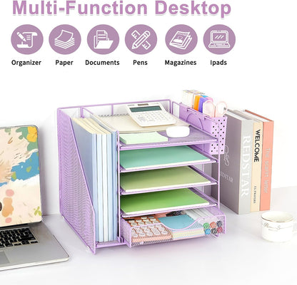 Desk Organizer with Drawer and Pen Holder, 5-Tier Paper Letter Tray Organizer with File Holder, Suitable for Workspace Organizer Office Supplies Storage (Black)