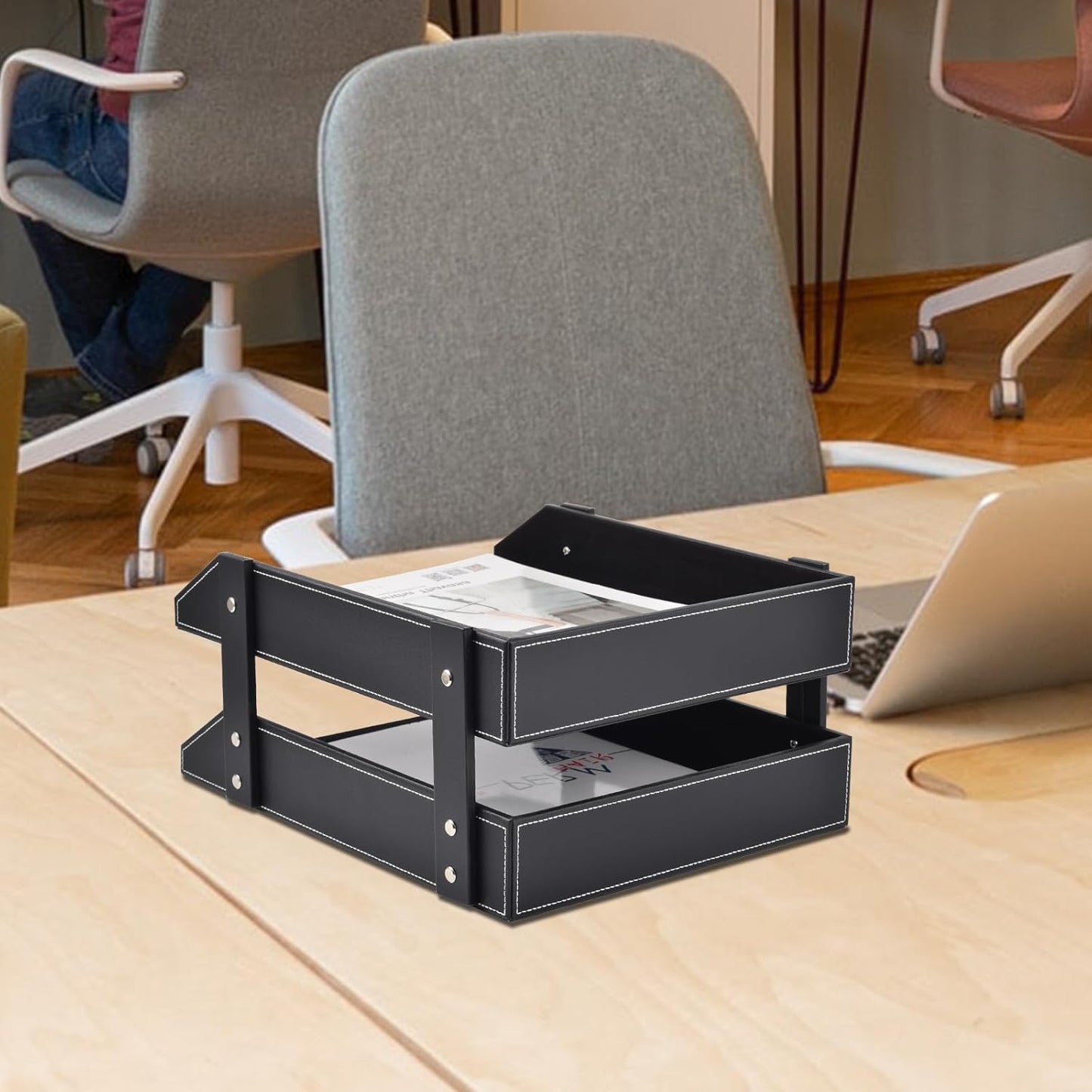 Leather Desk Organizer,2-Tier Stackable Letter Tray Holder,Office Supplies Desktop Storage Box for Document,Stationery,Magazines,Newspapers,Letters and Other Home Office Paper Sundries,Black