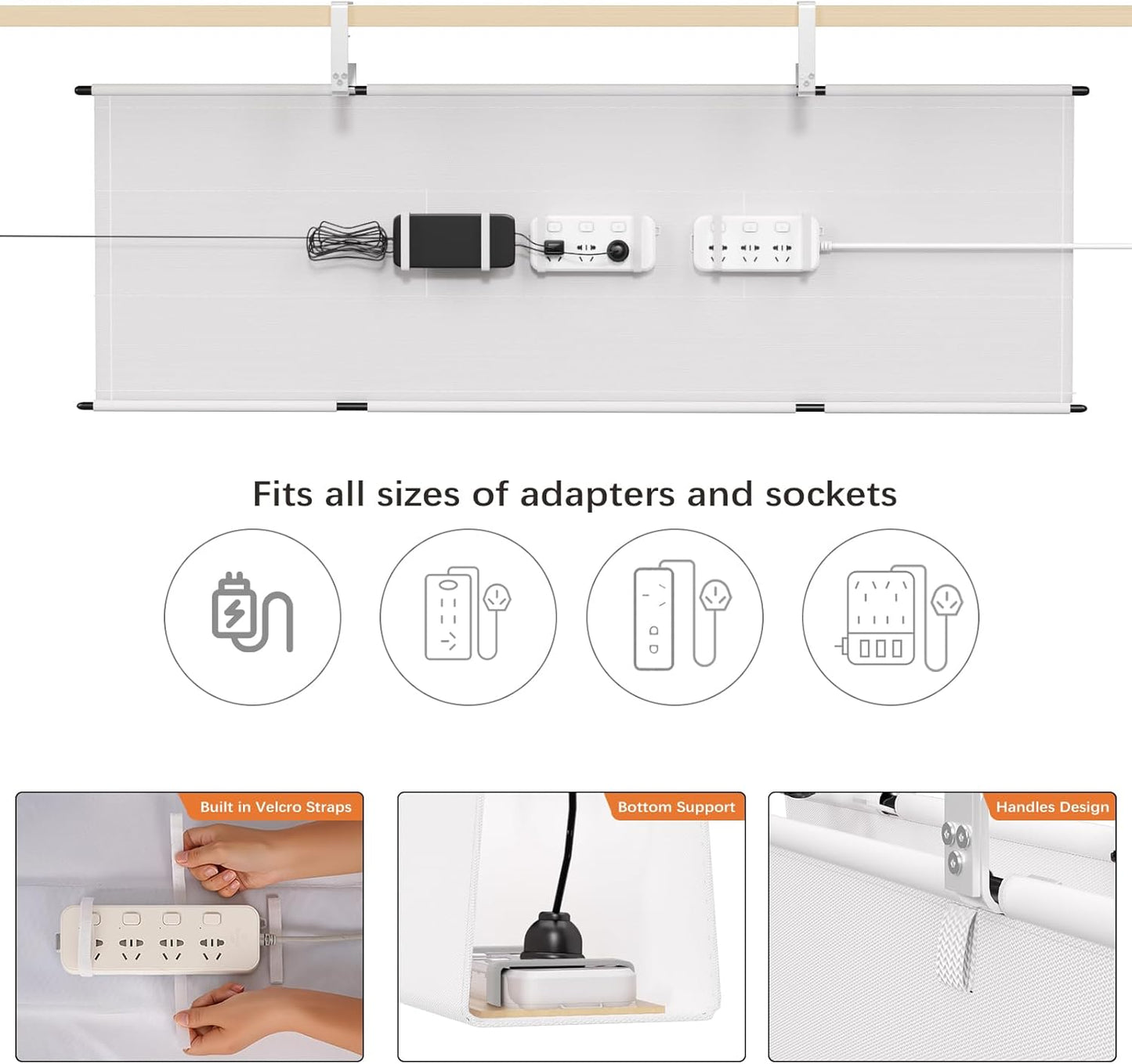Under Desk Cable Management Tray - 36" Cord Organizer for Desk No Drill, Fabric Under Table Wire Organizer with 16X Cable Ties Hide for Office/Home, Cord Hider Fits Adapters & Sockets, White