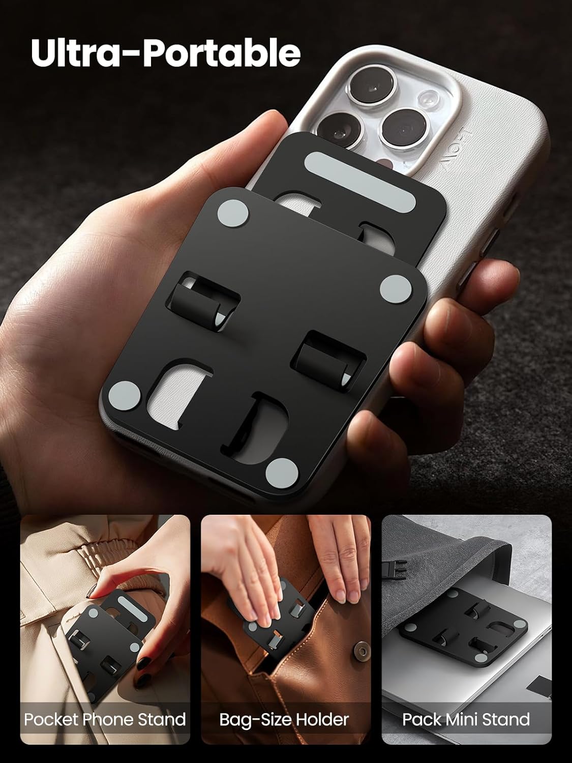 Phone Stand for Desk, Dual Folding Cell Phone Holder, Fully Adjustable Portable Mobile Phone Holder for iPhone 17 16 15 14 13 12 11 Pro Max Plus Air, Galaxy S25 S24, All Phones (Black)
