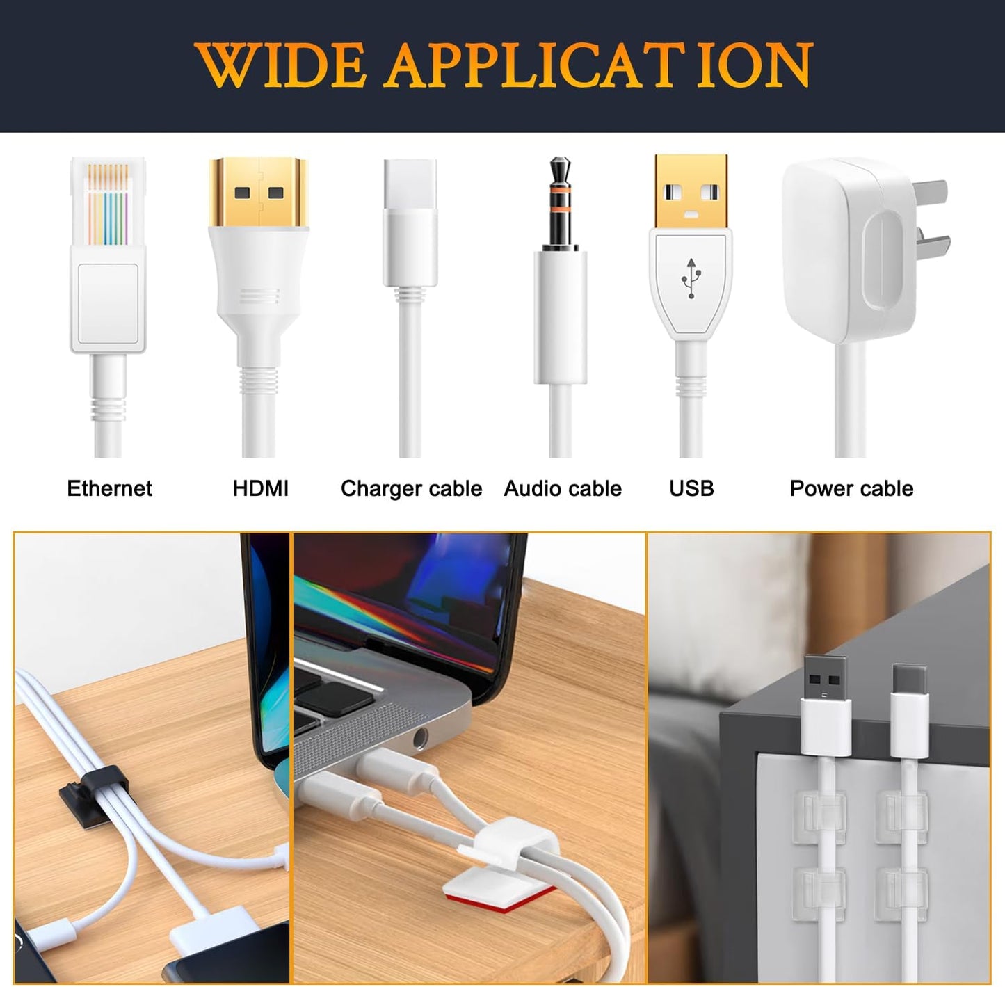 SOULWIT 50 Pcs Self Adhesive Cable Management Clips, Cable Organizers Sticky Wire Clips Cord Holder for TV PC Laptop Ethernet Cable Desktop Home Office (Black)