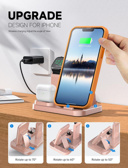 Wireless Charging Station 3 in 1 RJR Compatible with Apple Devices, Charging Dock for iWatch, Built-in Wireless Charger Stand for iPhone Series AirPods Gifts (with 18W Adapter) Graphite Black