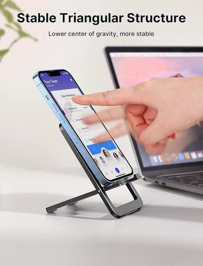 JSAUX Cell Phone Stand, Foldable Aluminum Adjustable Phone Holder for Desk Portable Travel Essentials Office Accessories for iPhone 17 16 15 14 13 Pro Max Samsung S25 S24 S23 Ultra Kindle-Gray