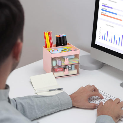 LETURE Small Desk Organizer With Drawer, Office Desktop Storage Box, Business Card/Pen/Pencil/Mobile Phone/Stationery Holder Storage Box, Makeup Organizer for Office School Home (Pink)
