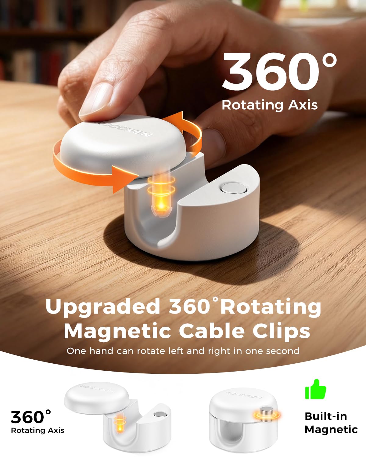 9-Pack Cable Clips [Upgraded],Rocoren Magnetic 360° Rotatable Cord Holder, Adhesive Cable Management Organizer,Wire Keeper for Nightstand Desk Car Phone Wall Home Office Accessories