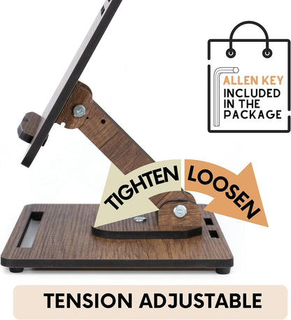 Vigo Wood Book Stand for Reading 360° Adjustable, Wooden Laptop Stand, Cookbooks Holder, Music Scores, Featuring Multi-Height Angles and Foldable Design with Page Clips.