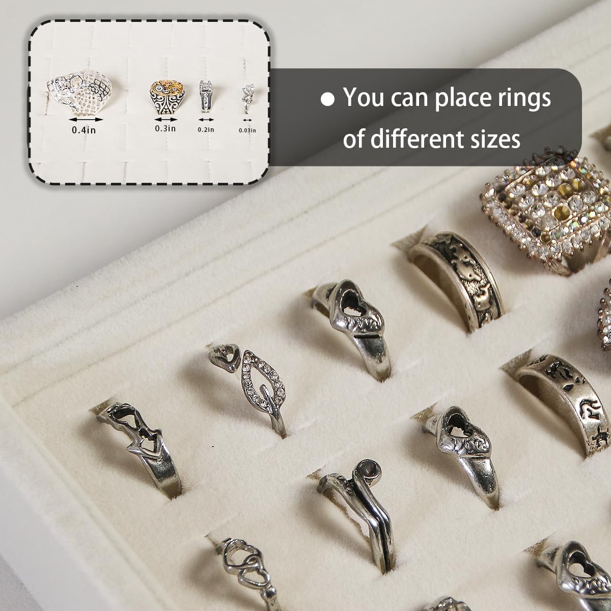 Coward Stackable Jewelry Trays Organizer Set with Clear Lid, Trays for Drawer, Earring Necklace Bracelet Ring Display Organizer (beige(ring+12girds+30girds+The glass lid))