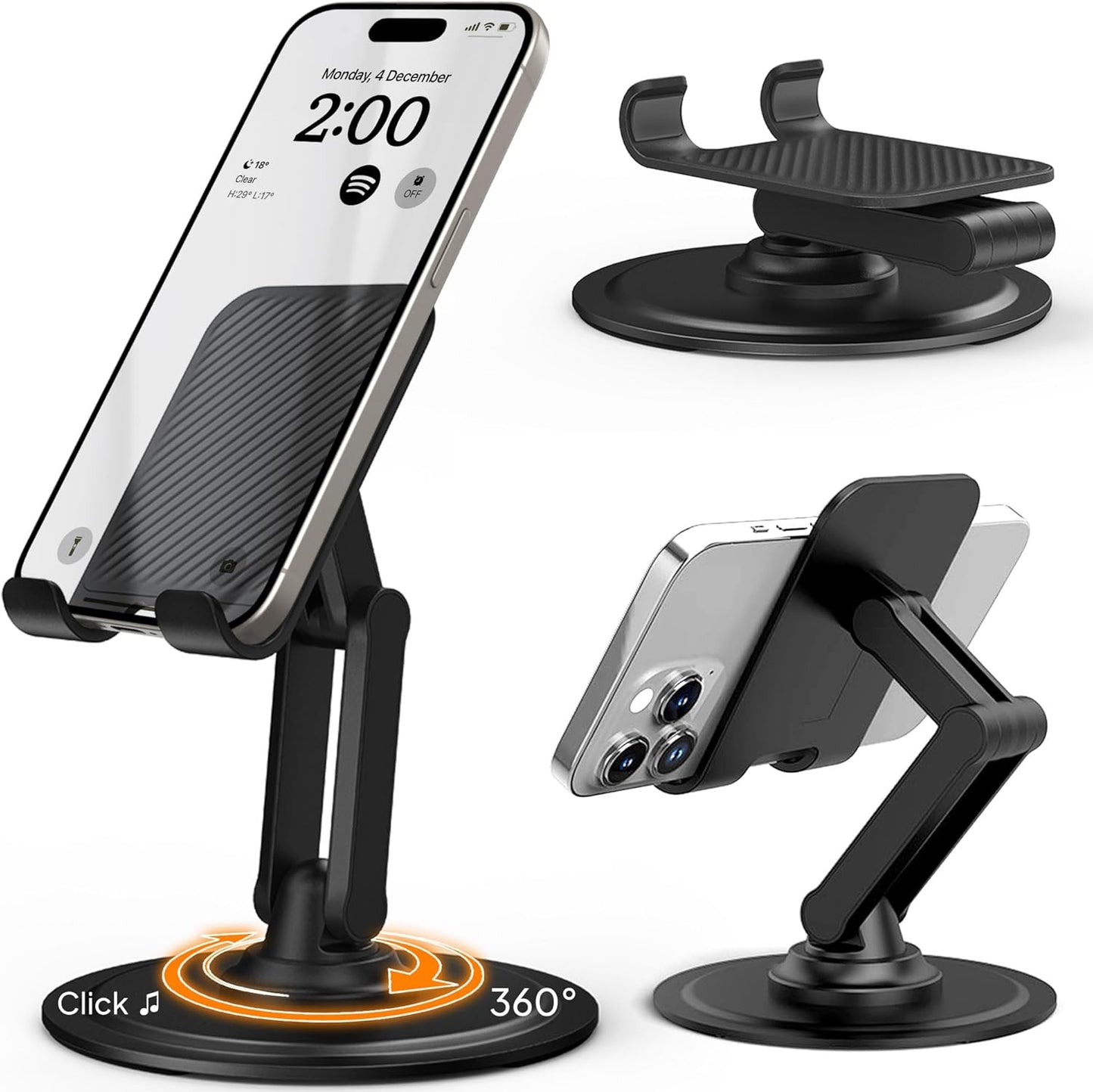 COOPER 360° Stand, Rotating Cell Phone Stand for Desk | Sturdy Metal Base, Foldable, Portable | Cell Phone Holder for Desk (Piano Black)