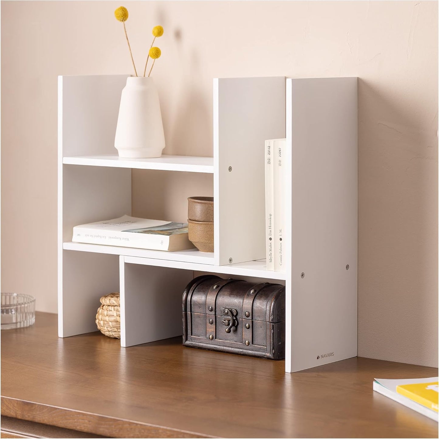 Navaris Desk Organizer Shelf Unit - Desktop Shelves for Table or Countertop - Free-Standing Adjustable Bamboo Shelving for Kitchen or Office - White
